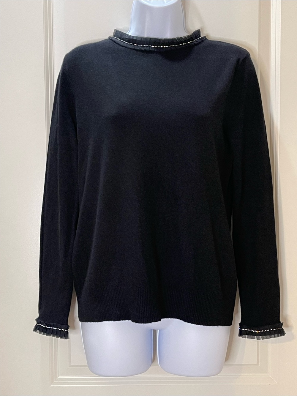 Sioni Milano Black Knit Sweater with Beaded Trim S